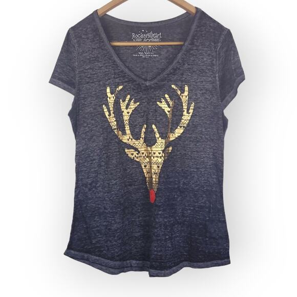 Rocker Girl By All Access Burn Out Reindeer Graphic Tee Size XXL Grunge Holiday - Picture 1 of 8